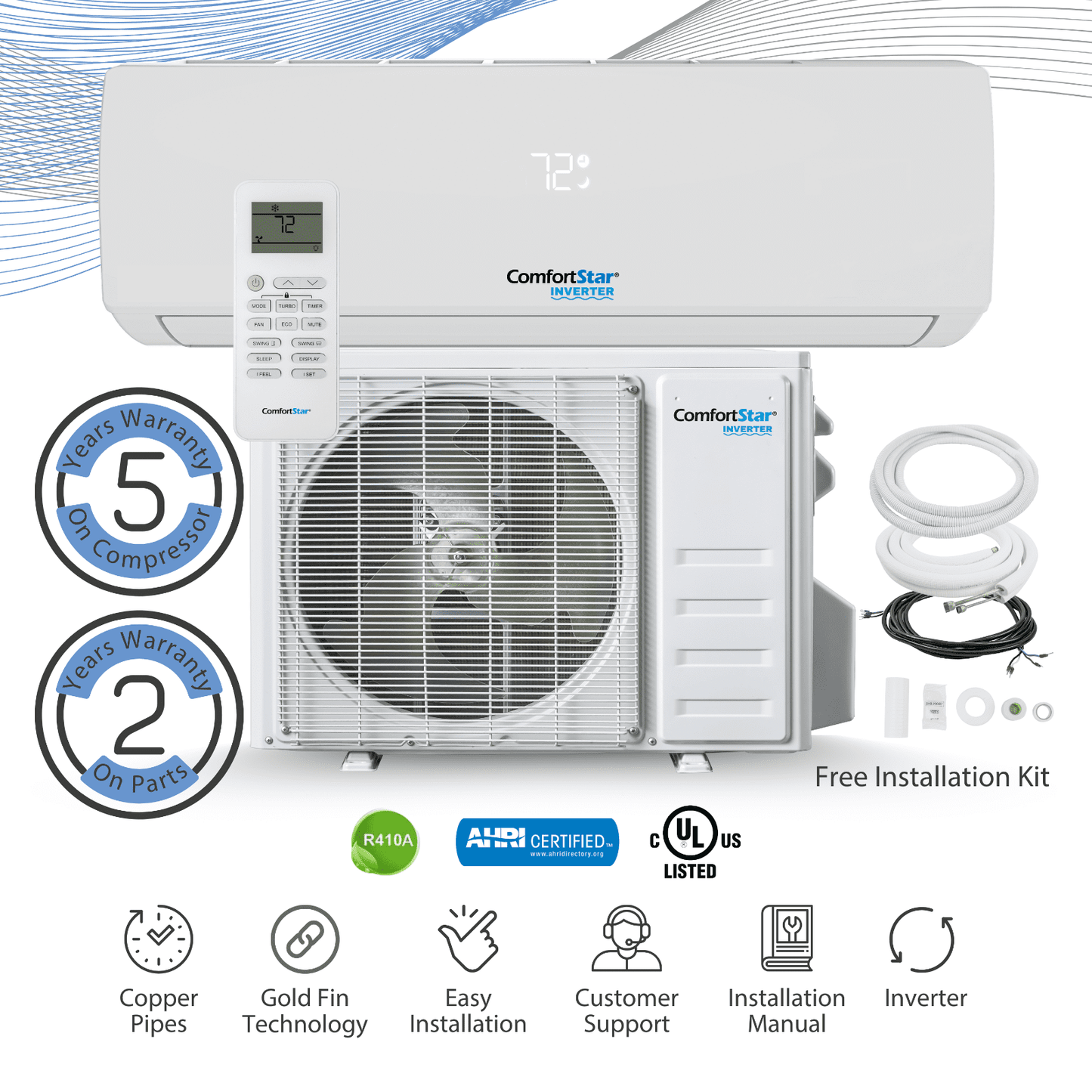 12.000 BTU 17 SEER2 Ductless Mini-Split Inverter+ Air ConditionerAir Heat Pump System Full Set 115V.