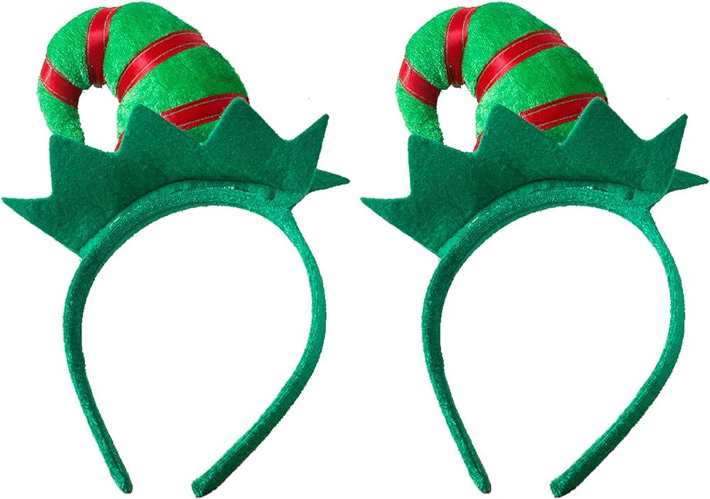 2 Pcs Christmas Elf Headband Xmas Elf Hat Headpiece Women Cute Red Green Striped Santa Elves Hair Hoop Hair Band Hairband Holiday Festival Party Decoration Cosplay Costume Handmade Hair Accessories