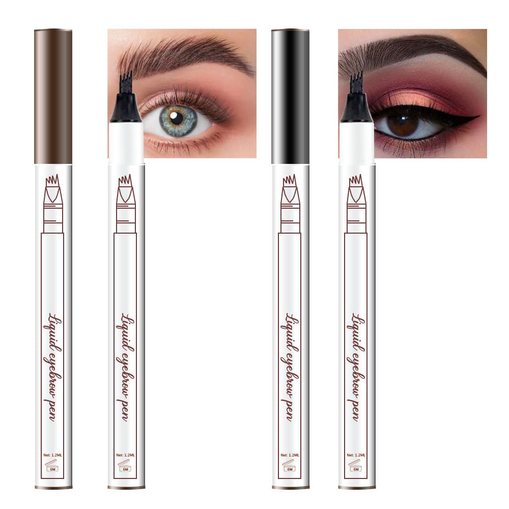 3D Eyebrow Pencil Eyebrow Microblading Pen -Micro 4 Point Brow Pen Lift & Snatch Eyebrow Pen Kits with 3 Eyebrow Stencil Long-Lasting Waterproof Natural Eyebrow Hair (2Pcs 01# chestnut&04# black)