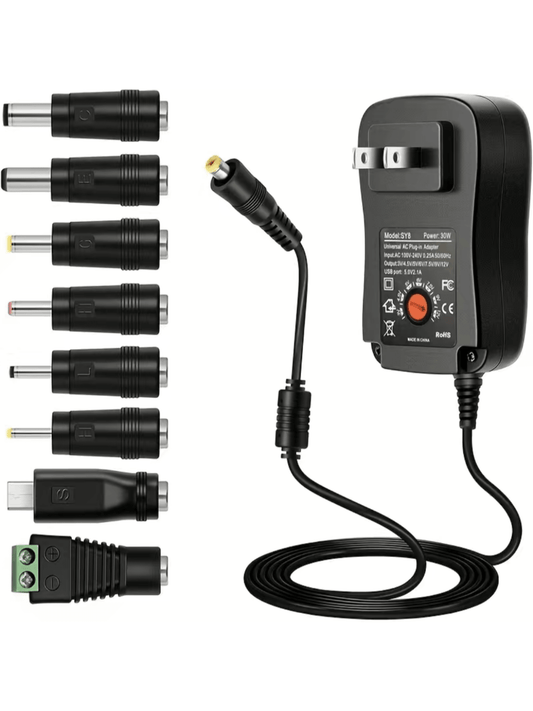 30W Universal Multi Voltage Fast Charger, 3-12v Adjustable Adapter, With 6 Optional Adapter Plugs, Suitable For 3V To 12V Most Small Household Appliances