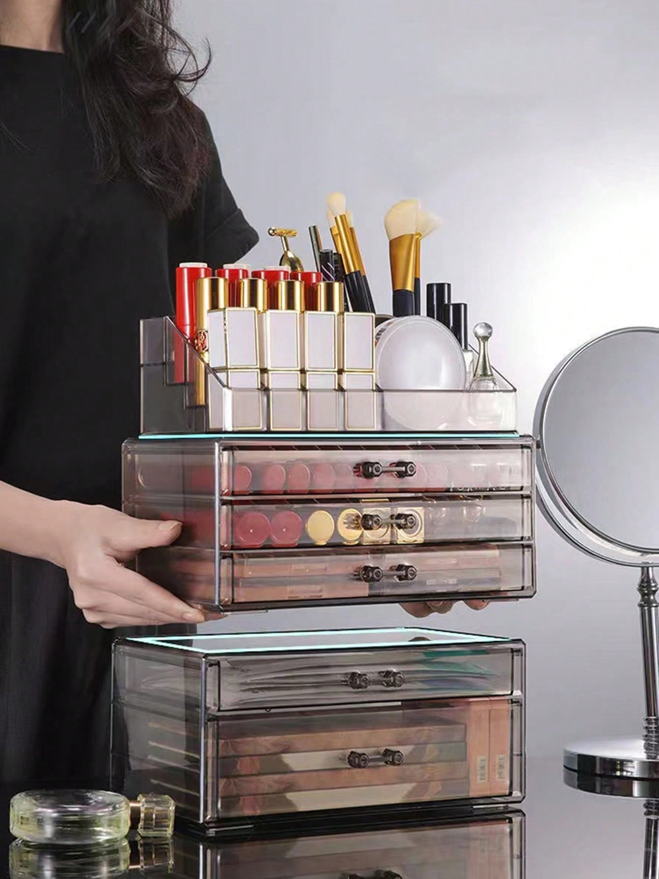 1pc Acrylic Transparent Drawer Type Cosmetic & Jewelry Organizer & Display Rack - High-end Perfect Desktop Case For Beauty Products, Make-up, Jewerly, Lipsticks, Eyeshadows, Cushion Foundations, Skincare Products.