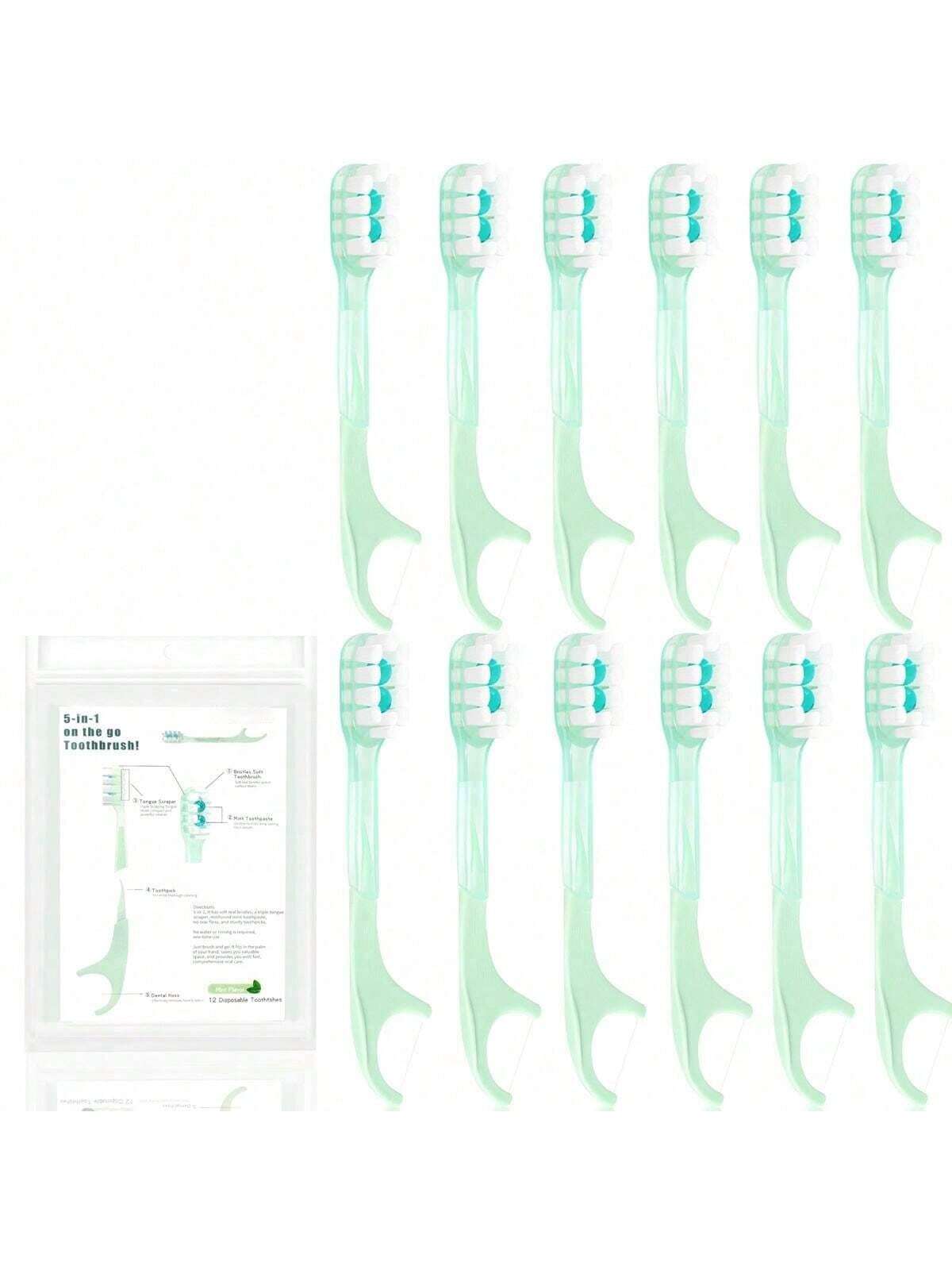 5-In-1 Travel Toothbrush Set, Disposable Mini Toothbrushes With Toothpaste + Tongue Scrapers + Floss + Pick For Work Or Travel, Individually Wrapped, Mint, 12 Pack