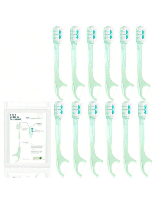 5-In-1 Travel Toothbrush Set, Disposable Mini Toothbrushes With Toothpaste + Tongue Scrapers + Floss + Pick For Work Or Travel, Individually Wrapped, Mint, 12 Pack