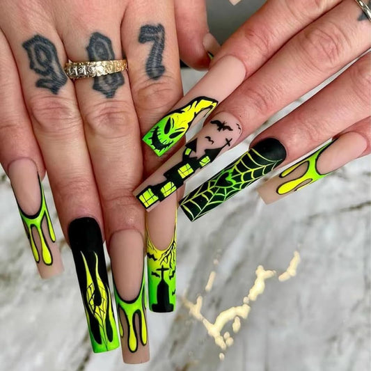 24 Pcs Halloween Decorations Press on Nails Long Square - BHLFRH Fake Nails Press ons Full Cover False Nails with Elf Castle Spider Web Designs Nail Tips Artificial Acrylic Nail Art for Women Manicure