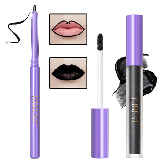 XiaoTu Black Matte Liquid Lipstick and Lipliner Set,2Pcs Black Lip Liner and Lipstick Set Velvet Lipgloss Set for Women,Waterproof Long Lasting Non-Stick Cup Lip Gloss Stain Halloween Goth Makeup Set