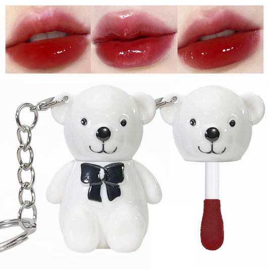 Yasovigi Bear Lip Gloss Keychain, Mirror Lip Tint Stain Liquid Lipstick, Multi-Use Lip Glaze and Cheek Tint, High Pigment, Long-Lasting Nourishing Repairing (6# cherry)