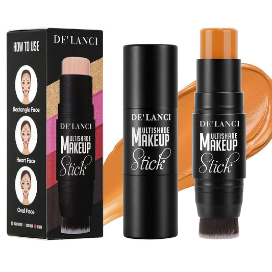2 in 1 Contour Stick Makeup Brush, Afflano Waterproof Contouring Blush Brighten Shading and defining Face Body Pencil, Longwear Orange Concealer Stick For Dark Circles Yellow/Dark Skin(#02 CARAMEL)