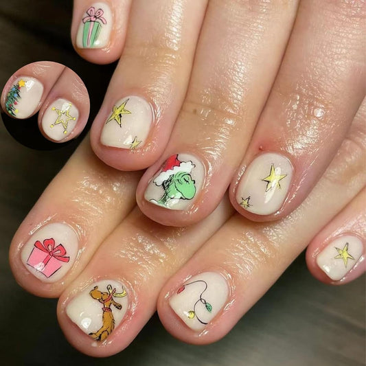 24Pcs Christmas Press on Nails Short Square Fake Nails Cute Grinchs False Nails Xmas Green Haired Monster Design Glue on Nails Star Full Cover Nude Acrylic Artificial Nails for Women Winter Nail Decor