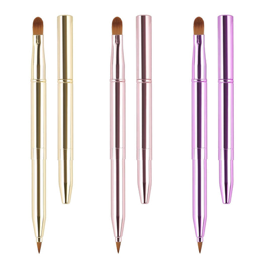 3 PCS Lip Brush,Yoizyfree Retractable Lip Brushes,Double-Ended TraveLip Makeup Brush Set for Lipstick Lip Gloss Include Lid(Gold + Pink + Purple)