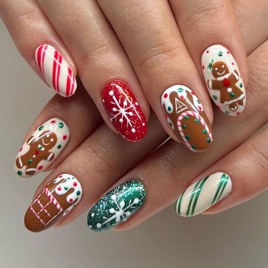 24Pcs Christmas Press on Nails Almond Fake Nails Gingerbread Man Glue on Nails Chocolate House Snowflake False Nails Glossy Red Green with Stripe Design Medium Length Acrylic Nails for Women Girls