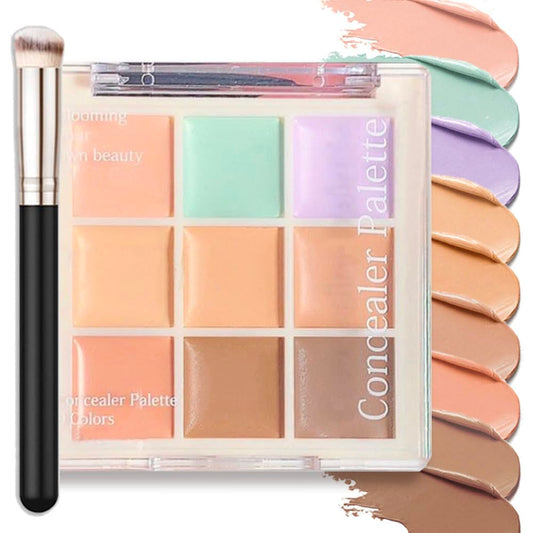 9 Colors Creamy Concealer Palette with Brush for Corrects Dark Circles Red Marks Scars Tattoo etc.Waterproof & Longlasting