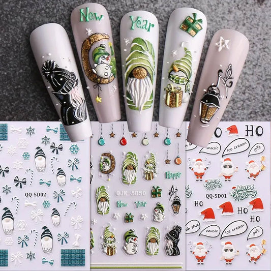 5D Christmas Nail Art Stickers Decals for Christmas Nail Decorations Accessories Cute Blue Green Christmas Elf, Santa Claus Designs Christmas Nail Stickers for Women Girls 3Pcs (Green Gnomes)