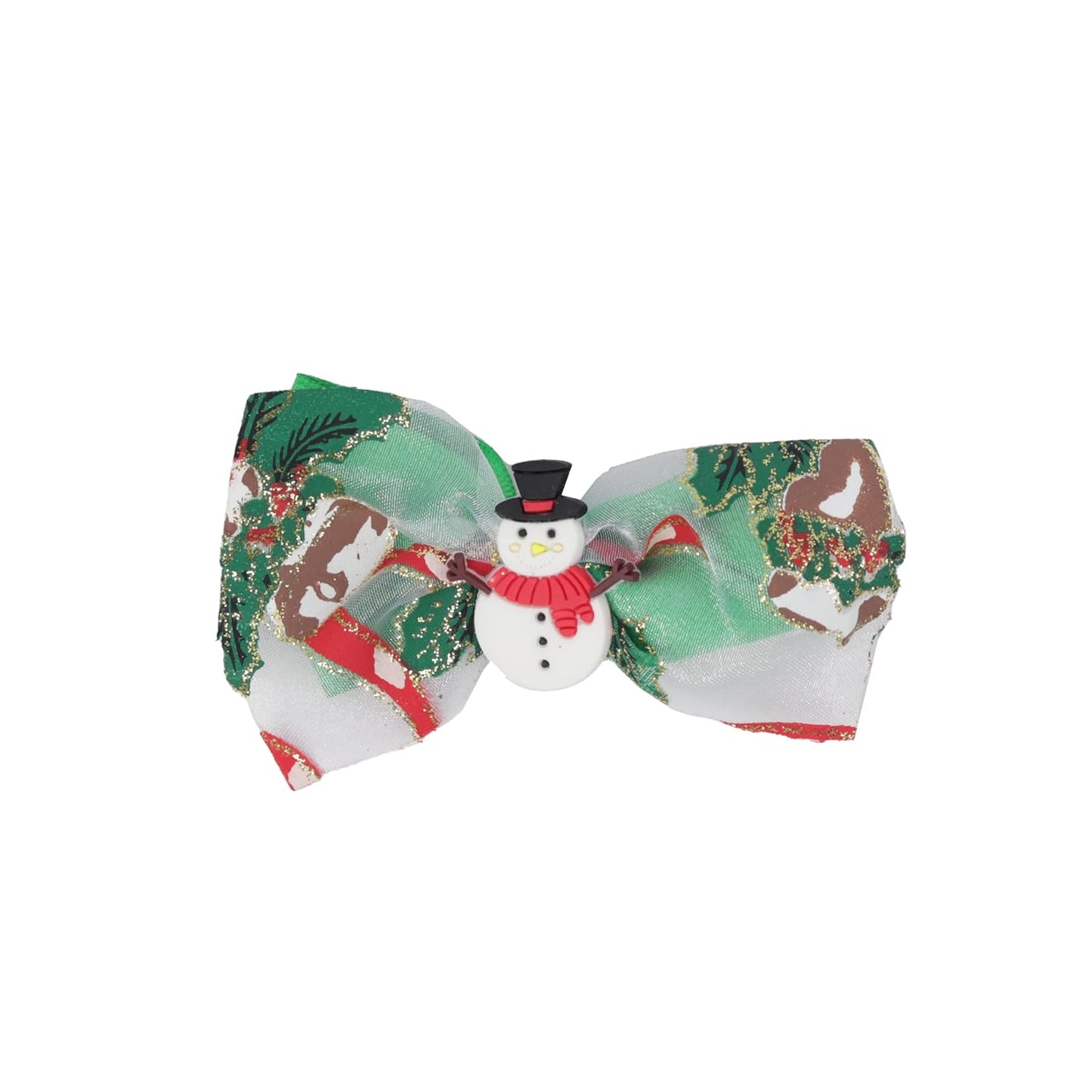 4.5 inch Wide Hair Bow Sparkle Christmas Bow with Silicone Charm - Green Snowman